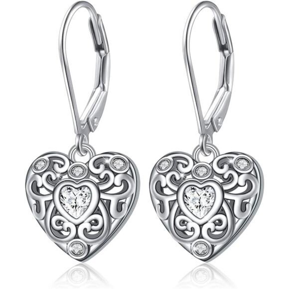 S925 Sterling Silver Heart Dangle Drop Leverback Clasp Lever back Earring - Picture 1 of 16